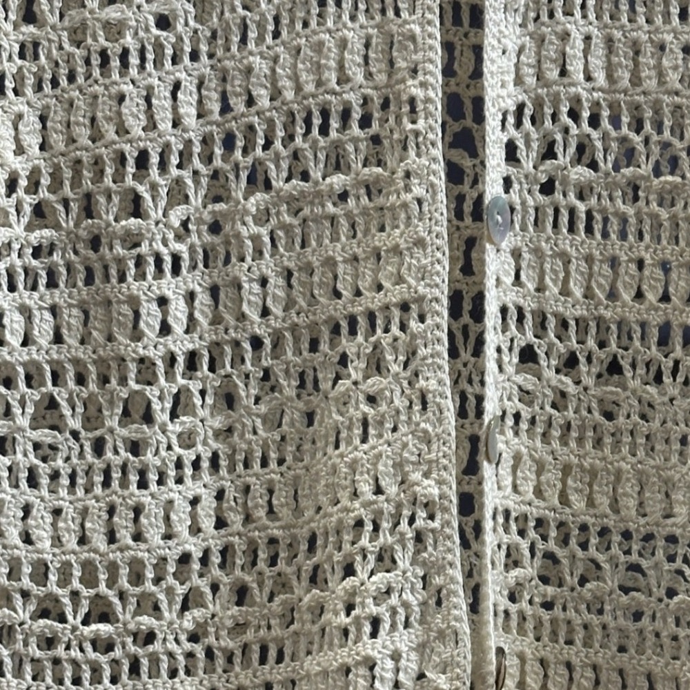 Vintage Boho Crochet Open Knit Cardigan Cream Shell Button Top Beacy Layers M - Picture 2 of 4